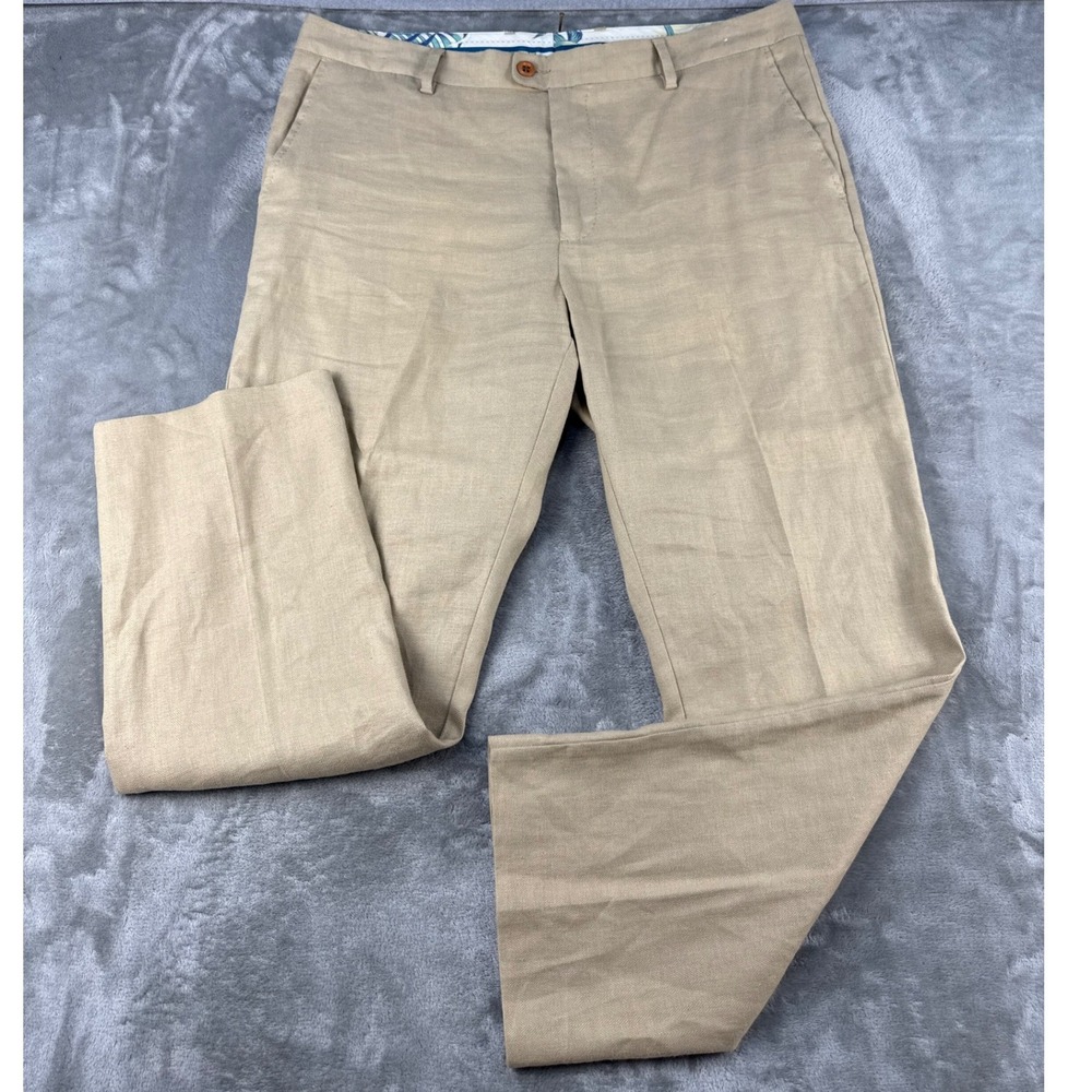 Tommy Bahama Linen Pants Mens 38x30 Herringbone Khaki Flat Front EUC
